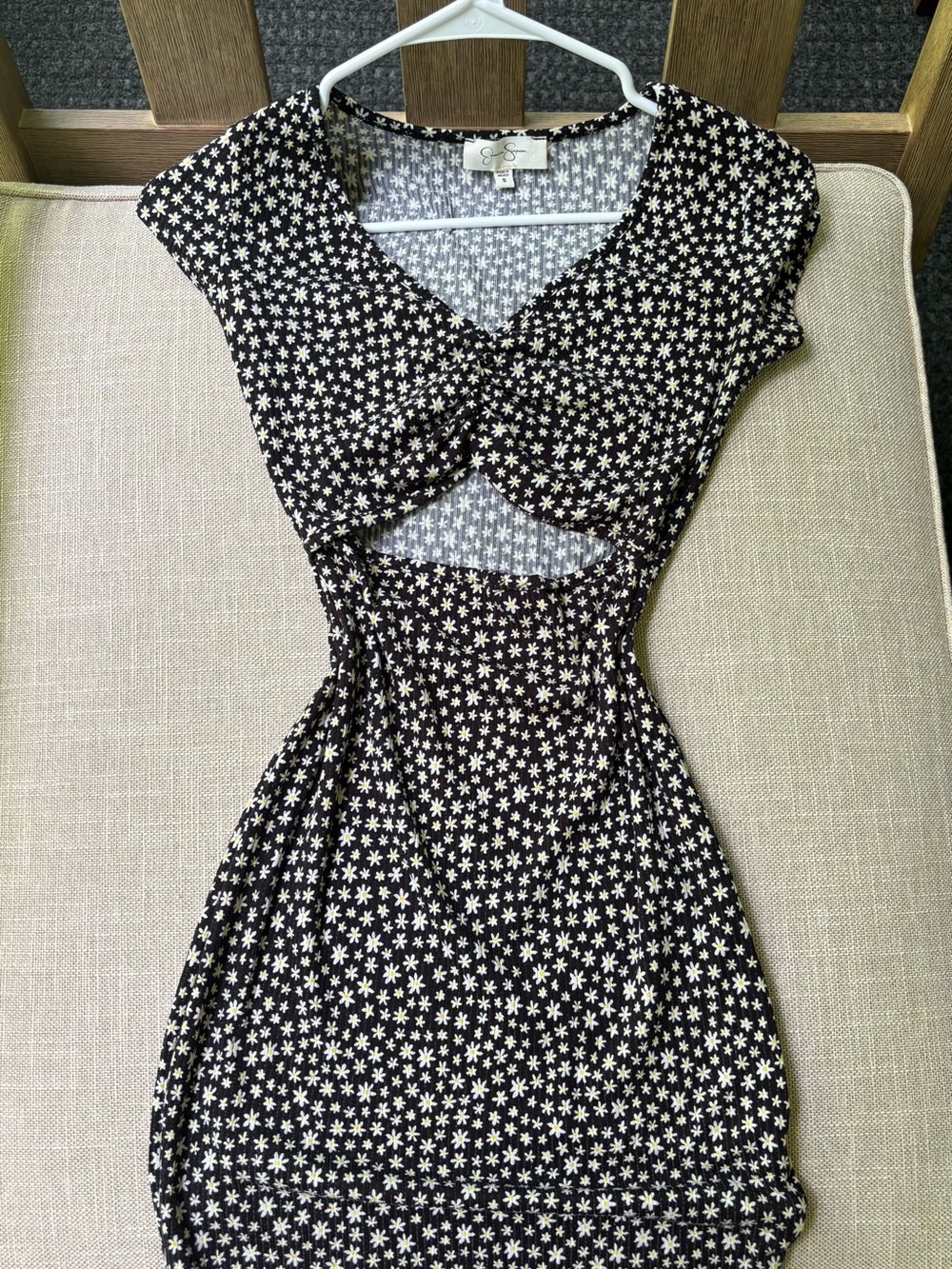 Jessica Simpson Black Mini Dress with White Daisy Print and Front Cutout